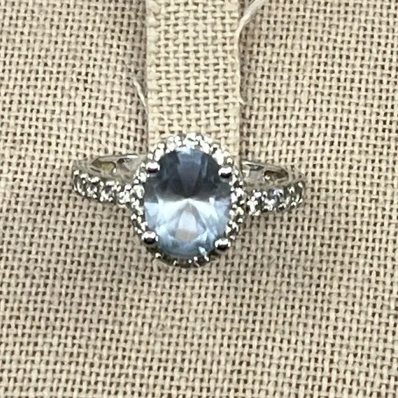 Vintage Estate Sterling Silver 925 Blue Topaz & Diamond Halo Ring – Size 6 - Picture 10 of 17